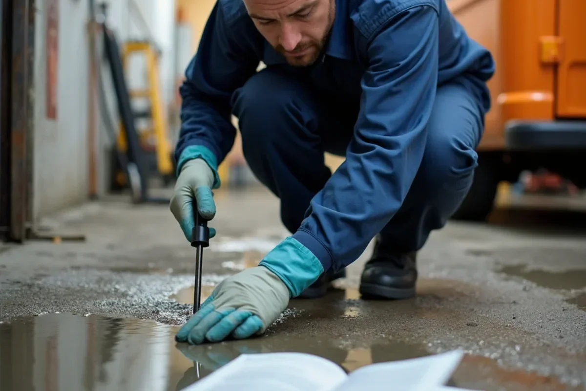 Restoration technician extracting water and sanitizing concrete floor in a flooded Weber County basement
