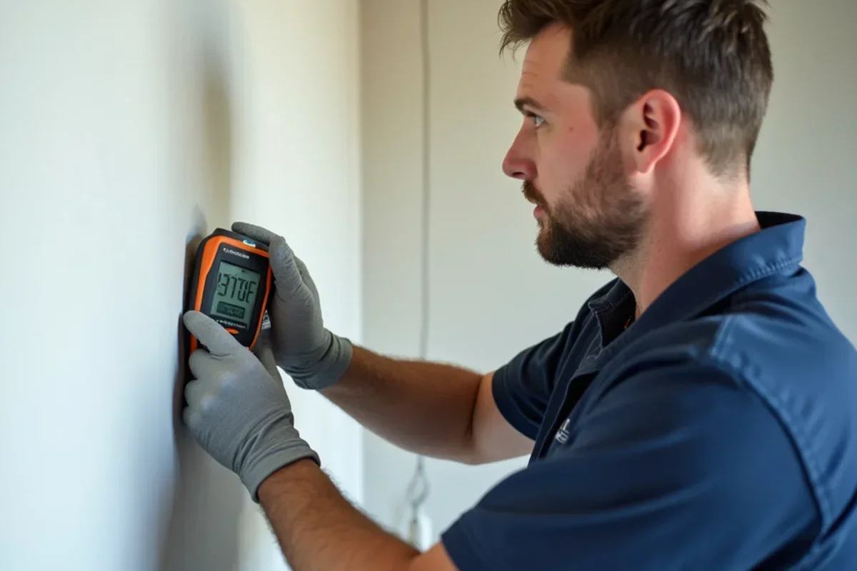 Technician checking pin and non-penetrating moisture meter readings on drywall to verify IICRC dry standard
